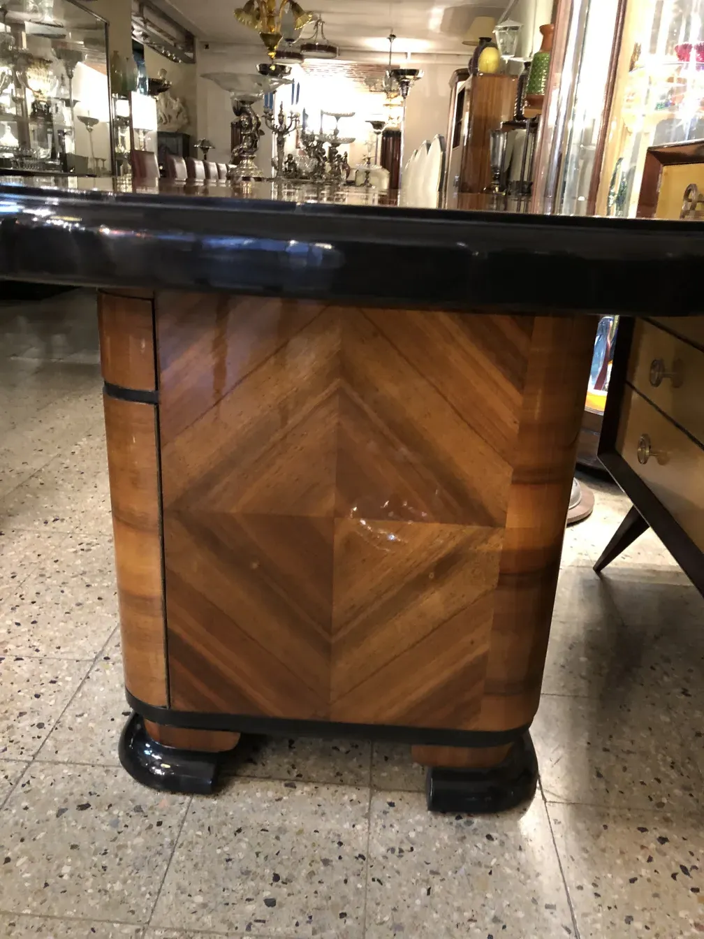 antique desk with geometric wood design
