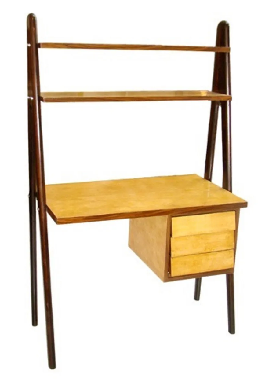 wooden antique desk with shelf and three drawers