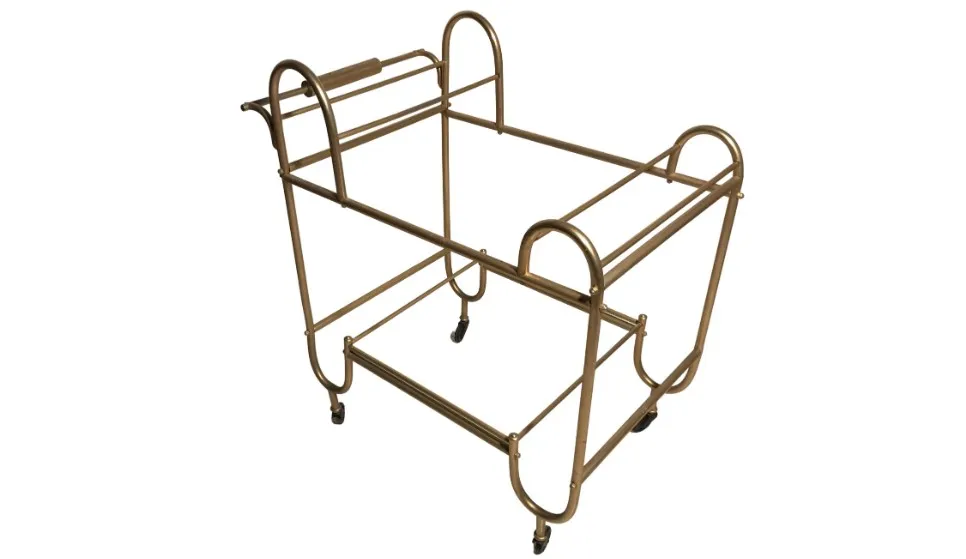 Antique cocktail trolley with a golden metal frame and wheels.