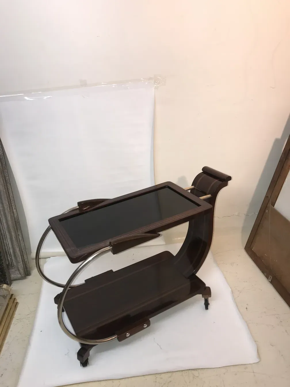 Antique cocktail trolley with shelves and unique features