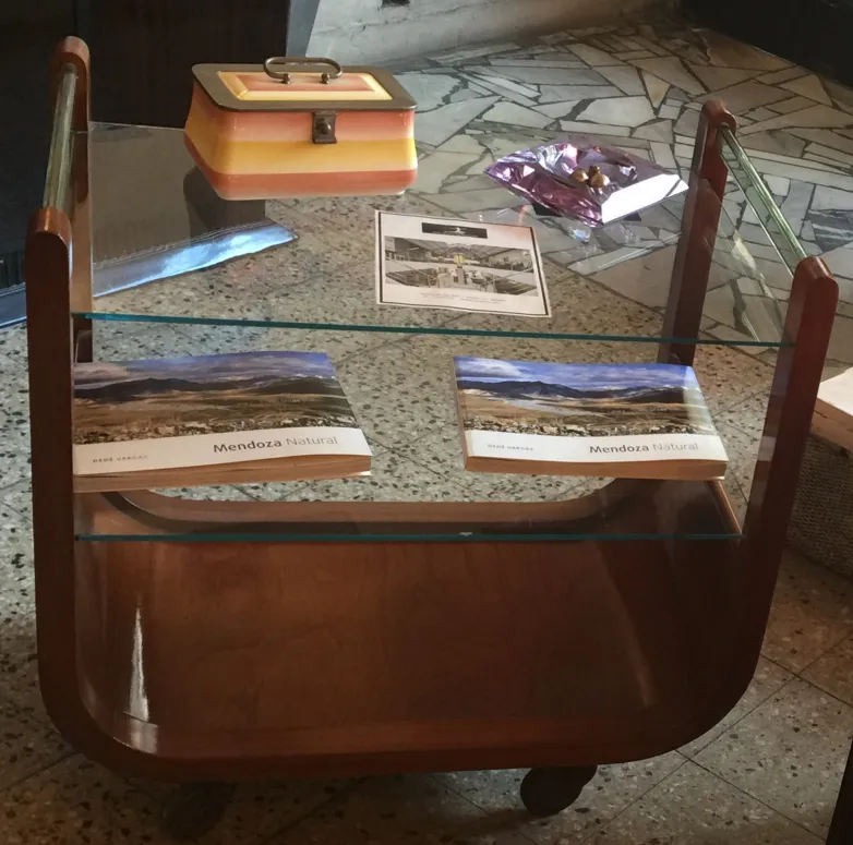 Antiker Cocktailwagen mit Büchern und einer dekorativen Box darauf, in einer gemütlichen Umgebung.