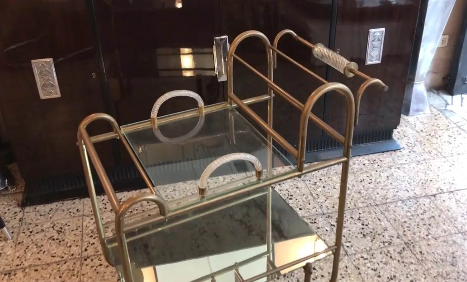 antique cocktail trolley with two glass shelves