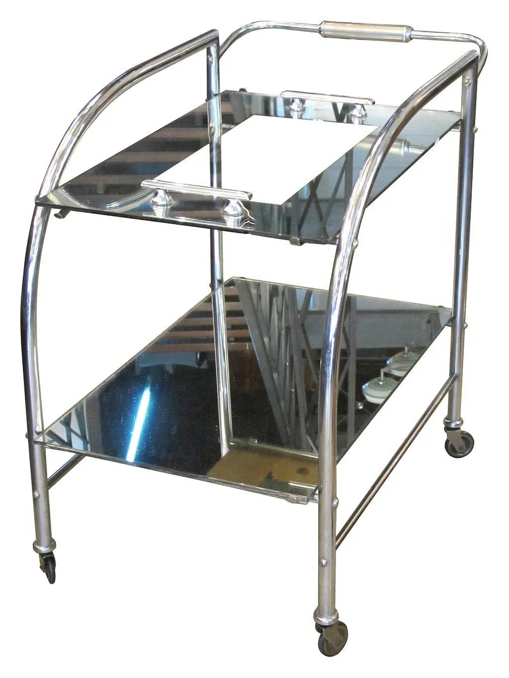 Antique cocktail trolley with two glass shelves.