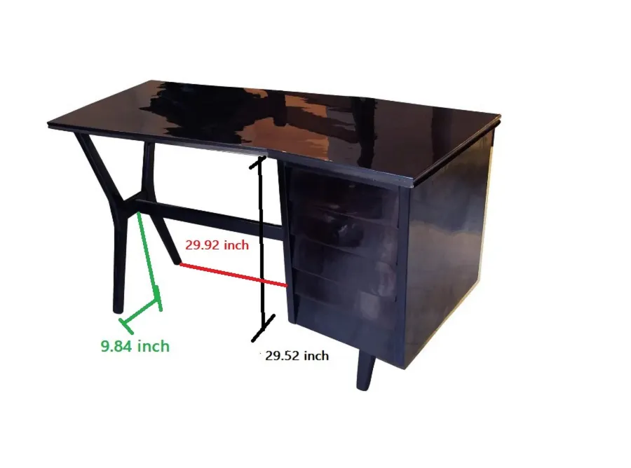 Antique black desk with two large drawers, glossy surface and stylish legs, perfect for office or study.