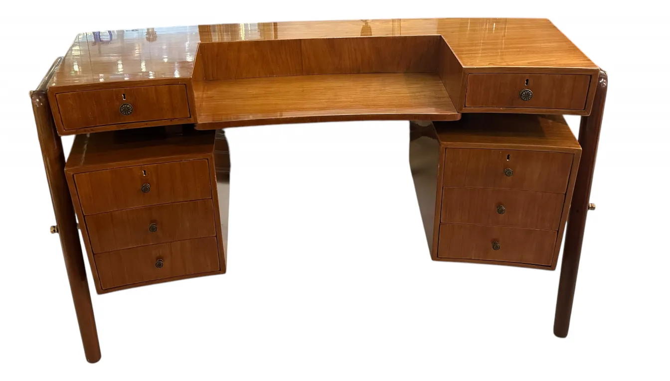 Antique wooden desk with two drawers and an elegant design, perfect for offices.