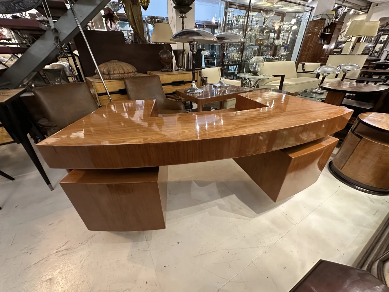 antique wooden desk with modern design, leather chair