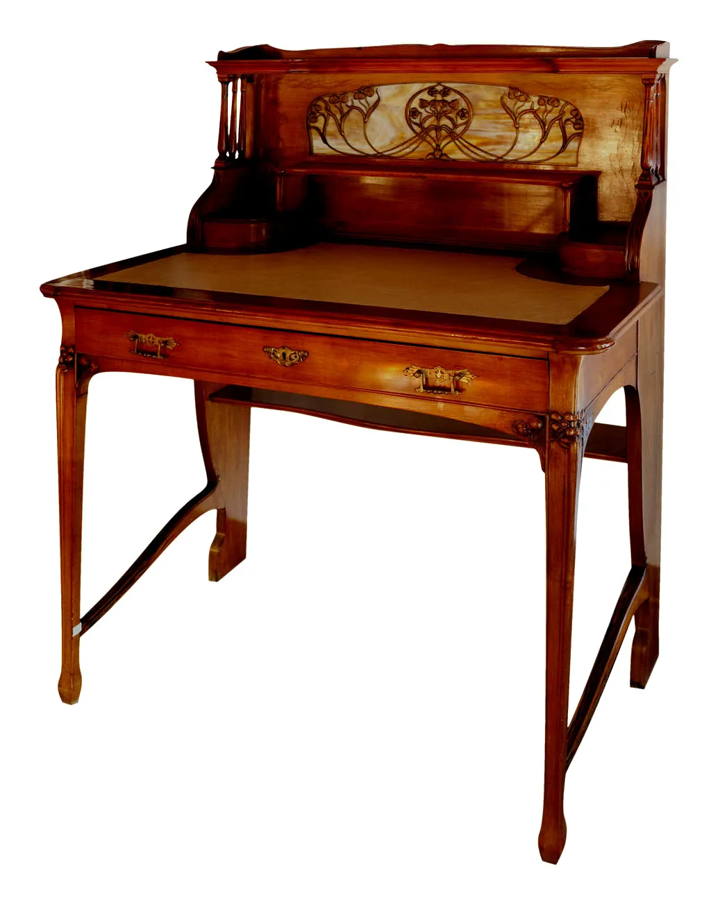 Scrivania antica in legno con dettagli floreali e design elegante.