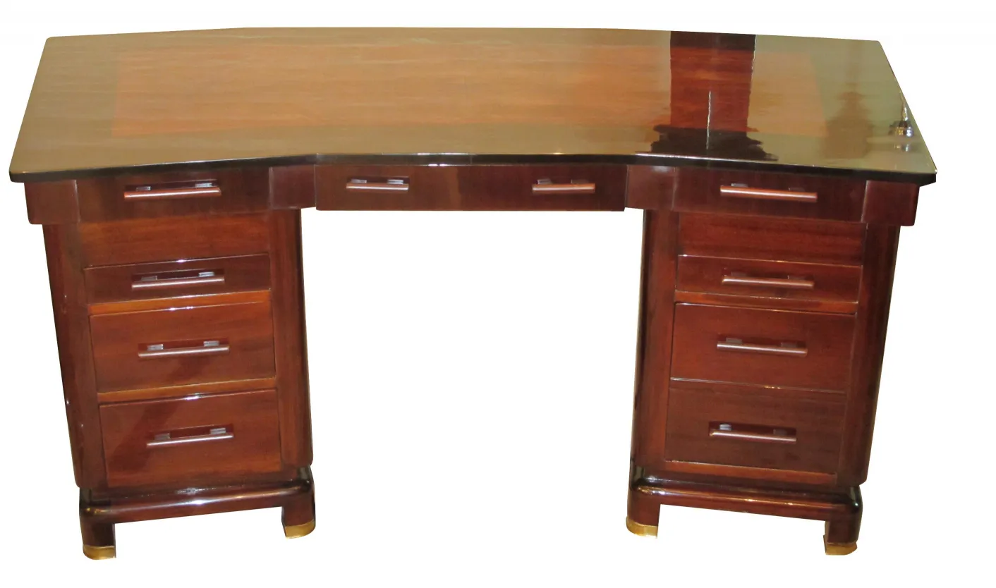 Antique desk with a glossy finish and wooden details, featuring two bays.
