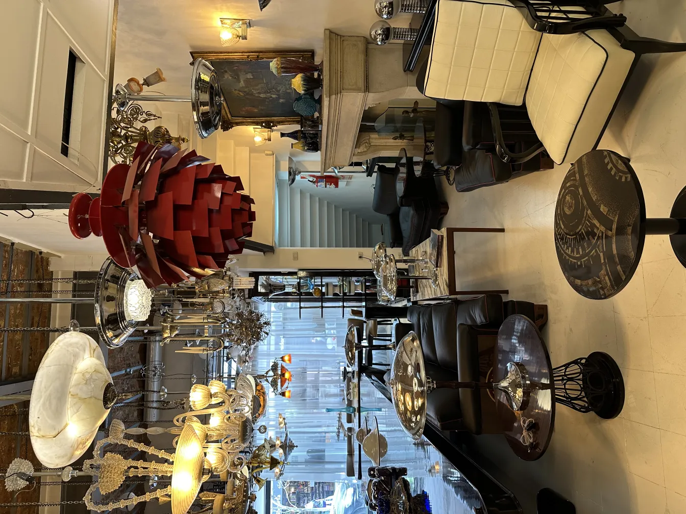 antique hanging lamp with a red design in a stylish setting