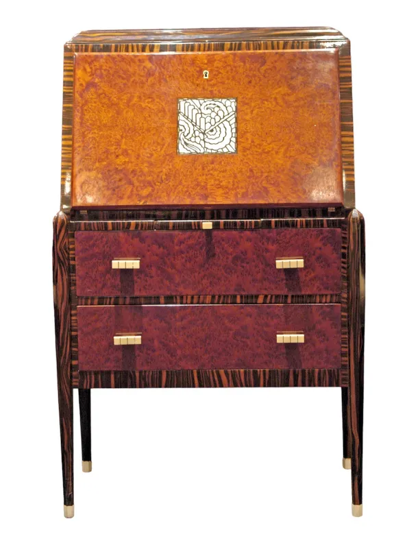 Antique desk with a glossy finish and two drawers, in a warm environment.