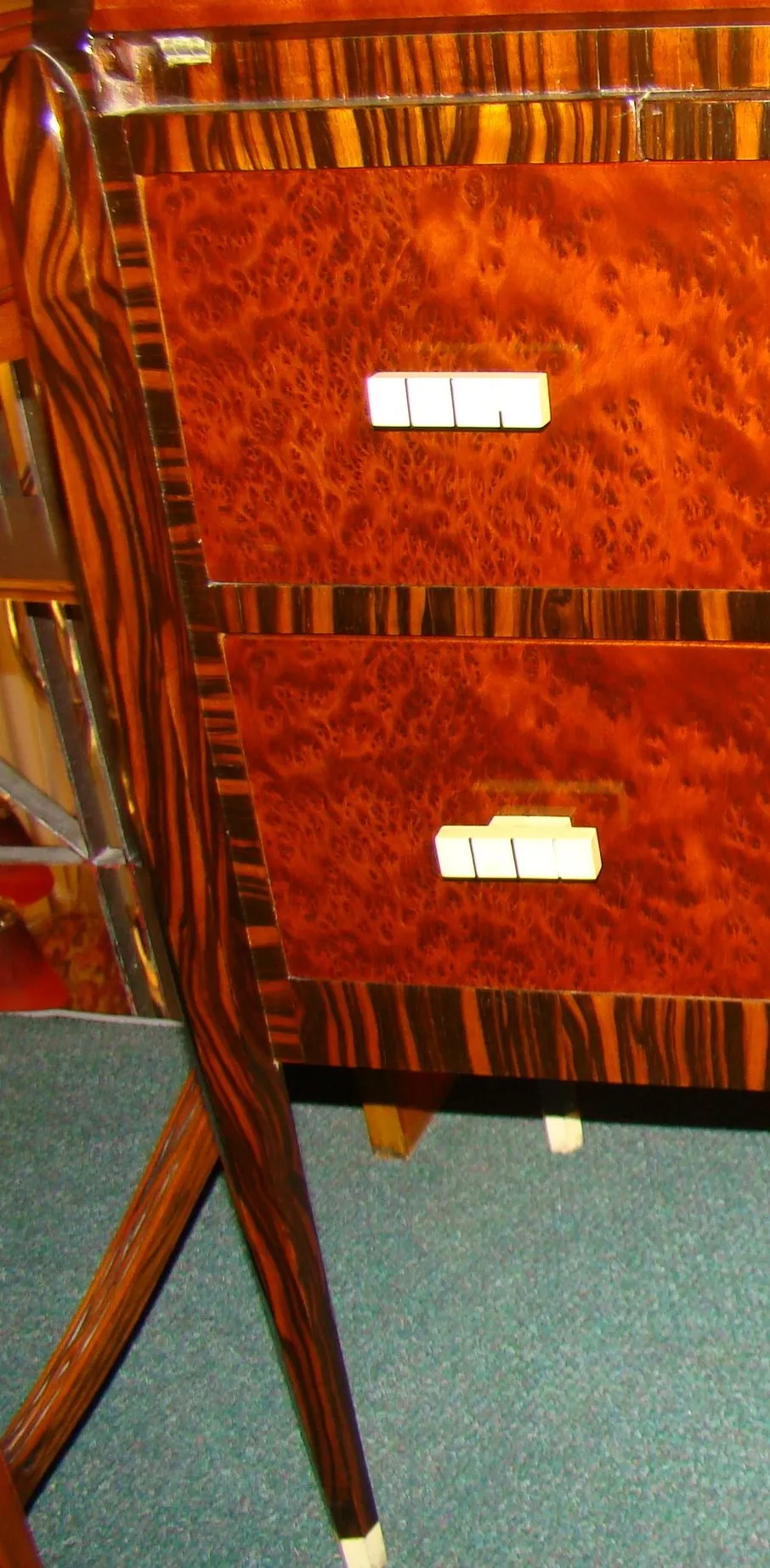 Antique desk with wooden surface and two drawers.