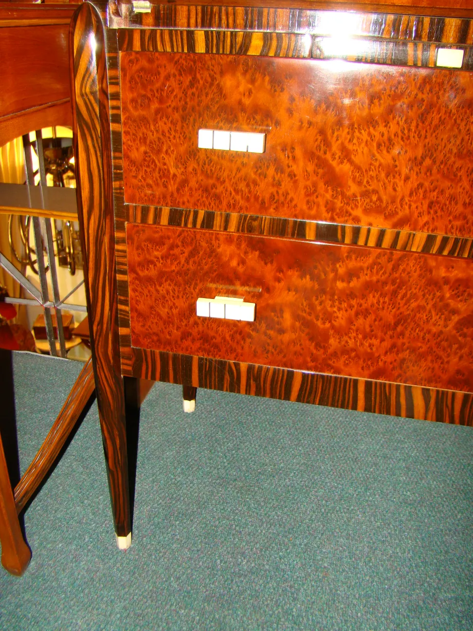 Antique wooden desk with two drawers, stylish and functional.
