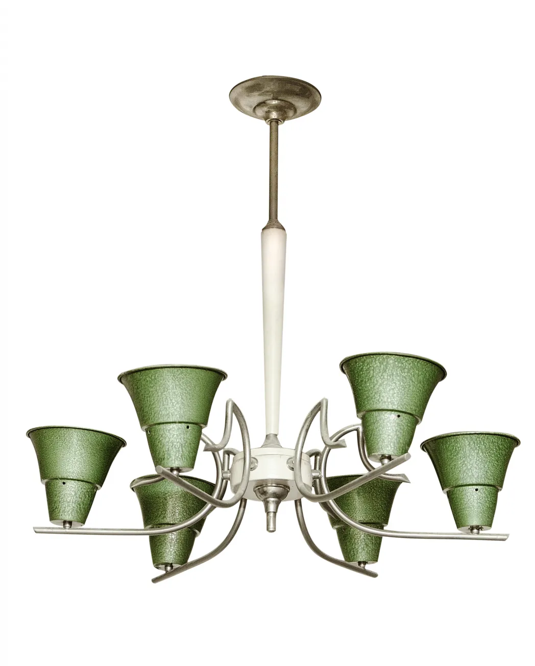 Antique hanging lamp featuring bright green shades and elegant design.