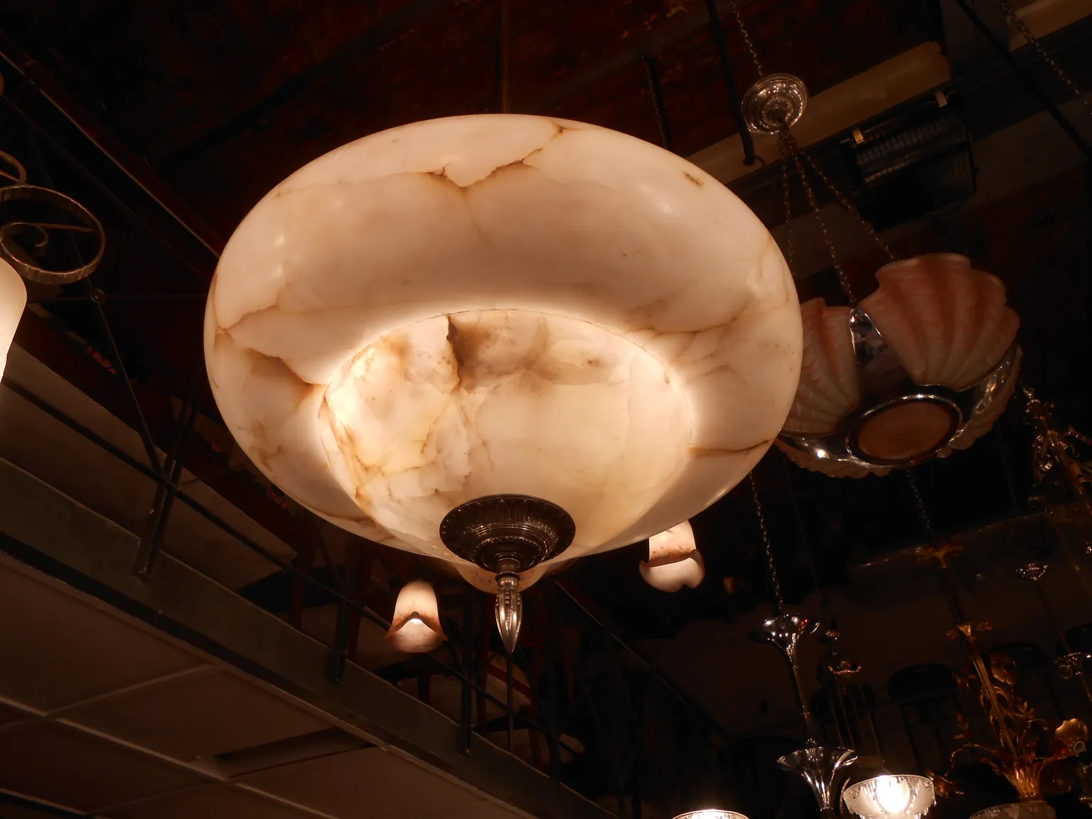 antique hanging lamp with alabaster finish, subtle elegance