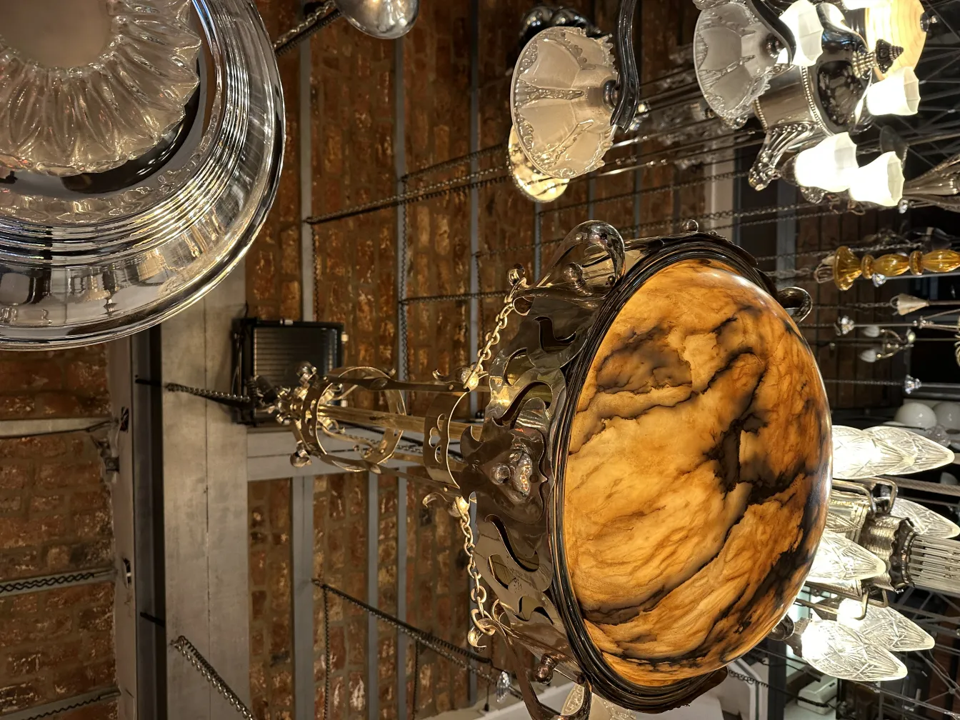 Lampada a sospensione antica con design elegante e dettagli suggestivi in un ambiente ben illuminato.