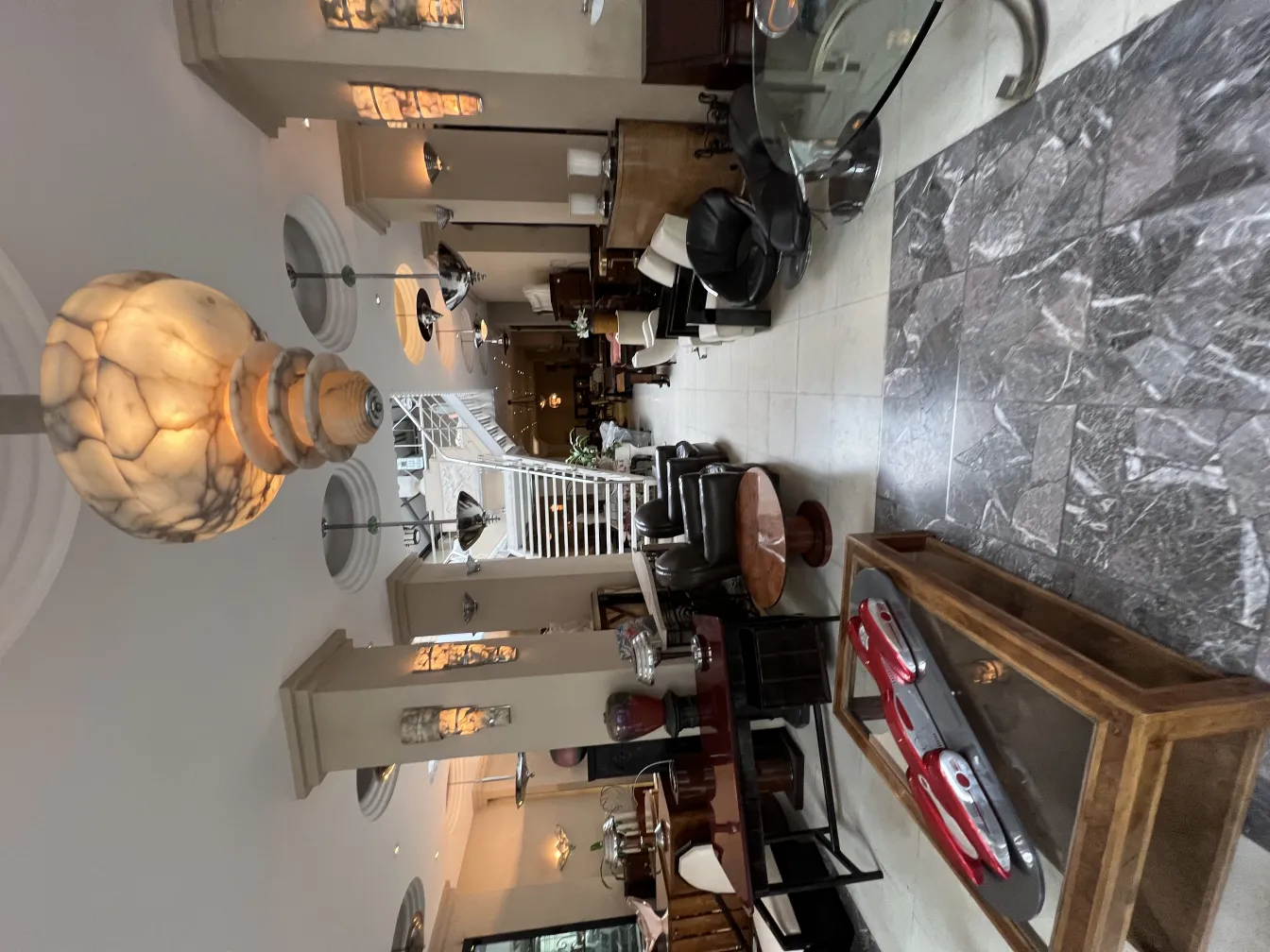 Antique hanging lamp with modern design in stylish living room.