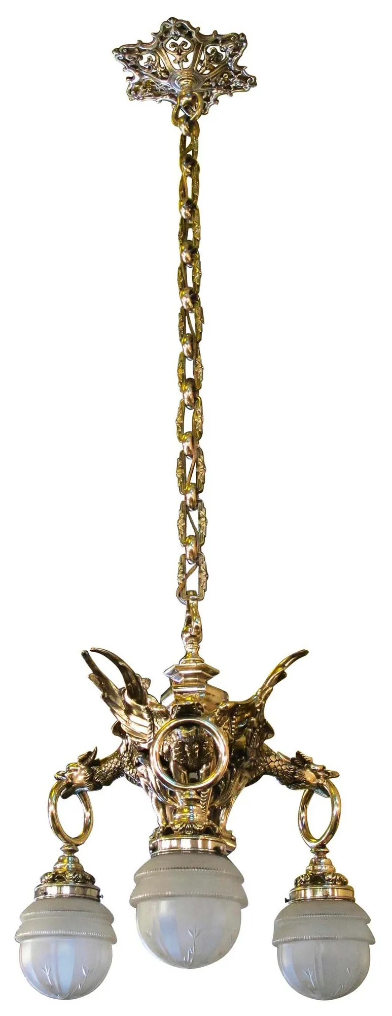 Antique hanging lamp with shiny structure and 3 spherical lights