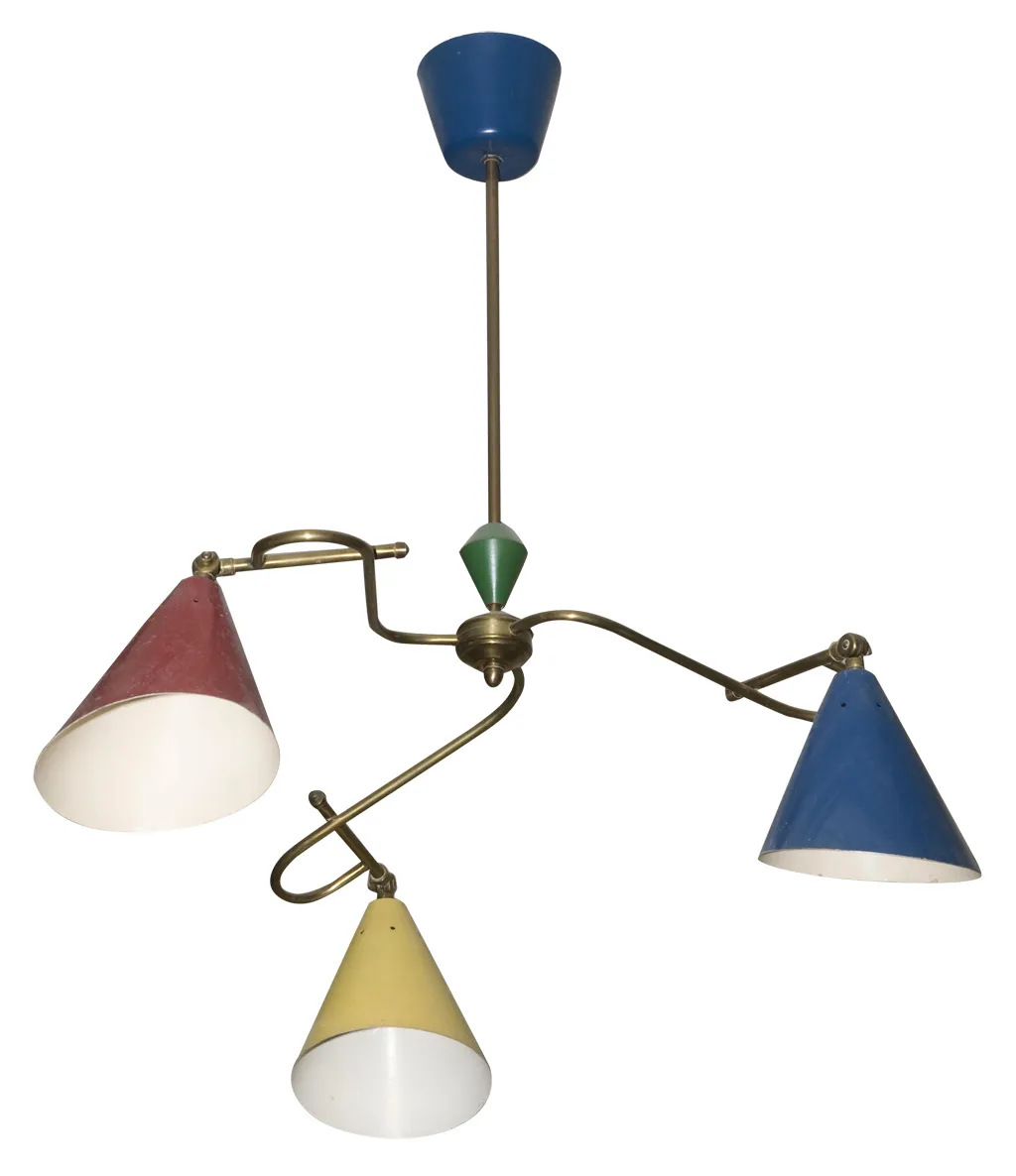 Antique hanging lamp with red, yellow, and blue shades