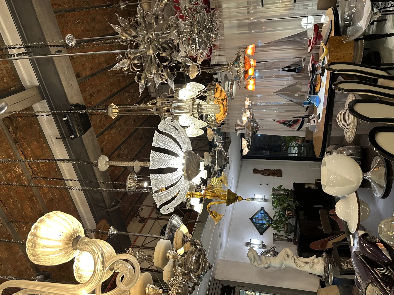 Various antique hanging lamps displayed in a living room