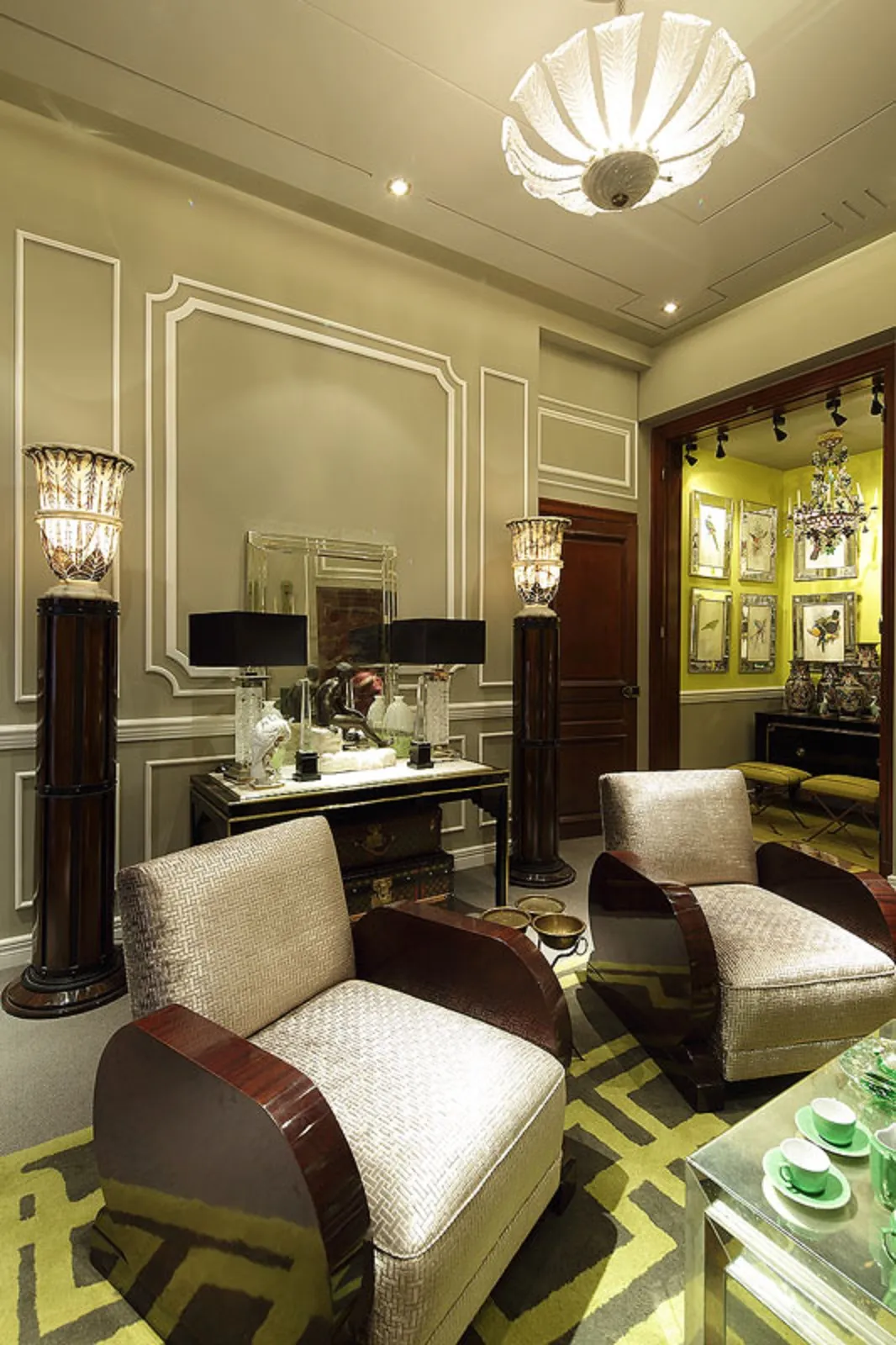 Antique hanging lamp in a stylish living room with elegant decor