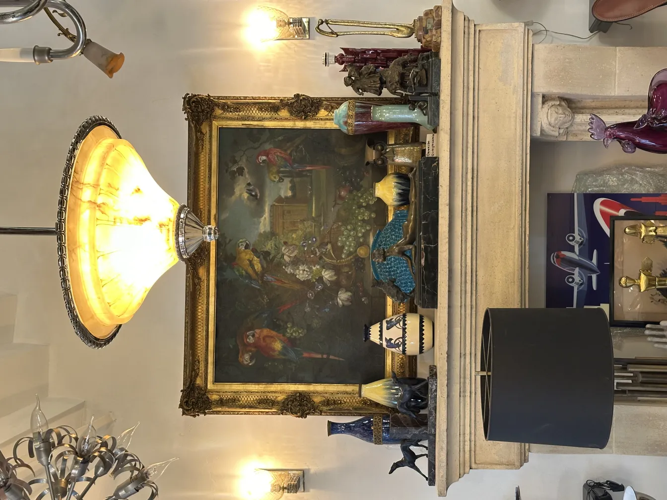 Antique hanging lamp emitting warm yellow light, classic ambiance.