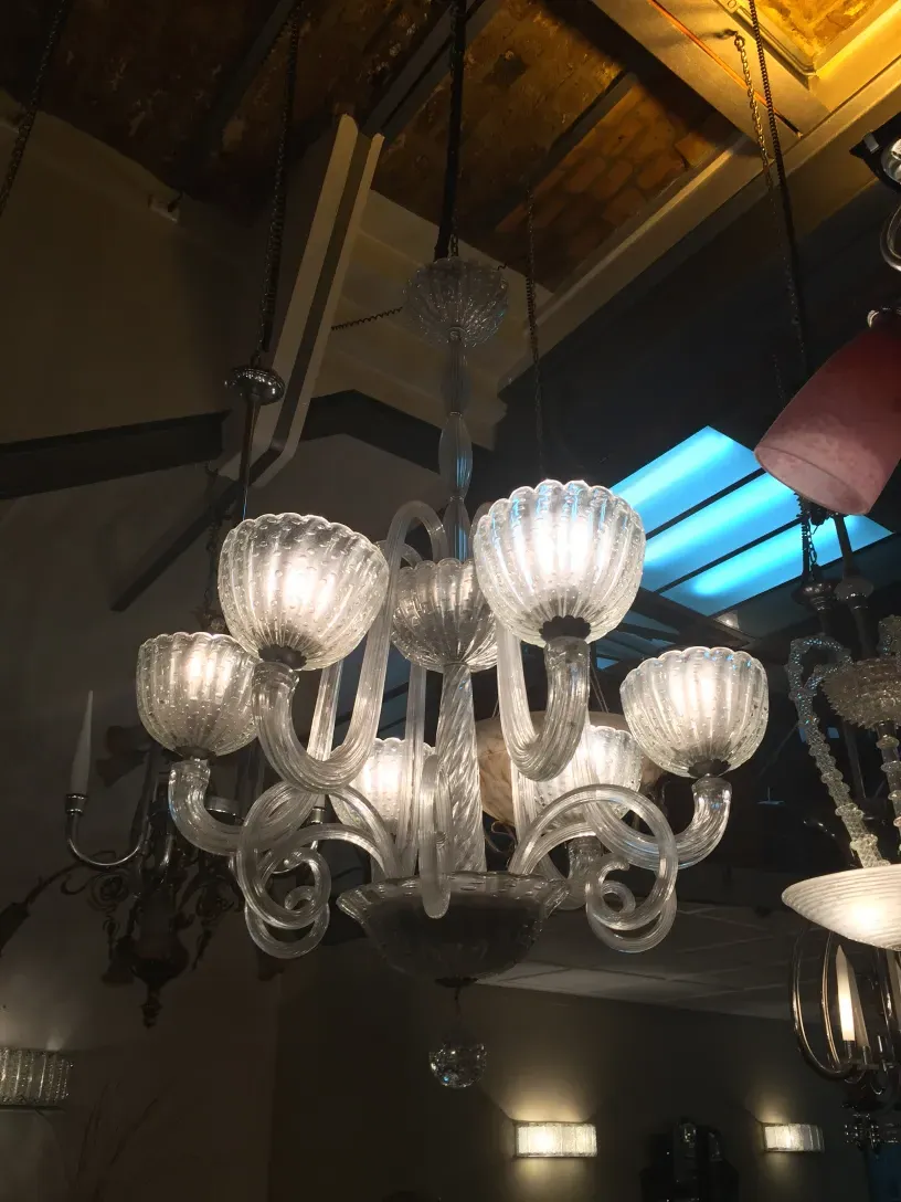 Lustre antique Barovier Toso avec huit bras lumineux, verre brillant