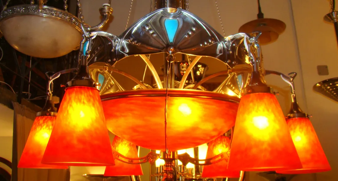 Lampada a sospensione antica di Charles Schneider con luci arancioni