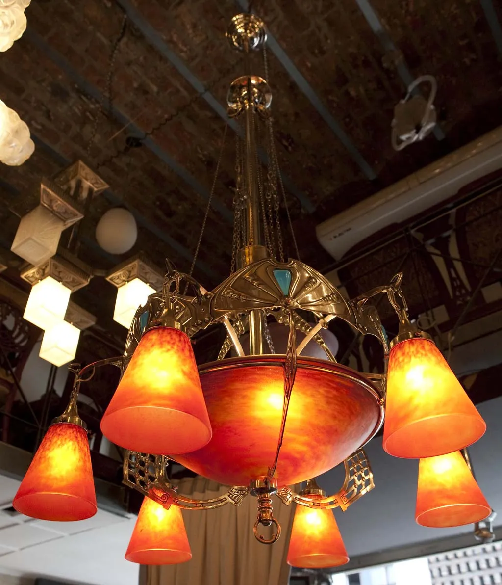 Antique hanging lamp with colorful glass shades