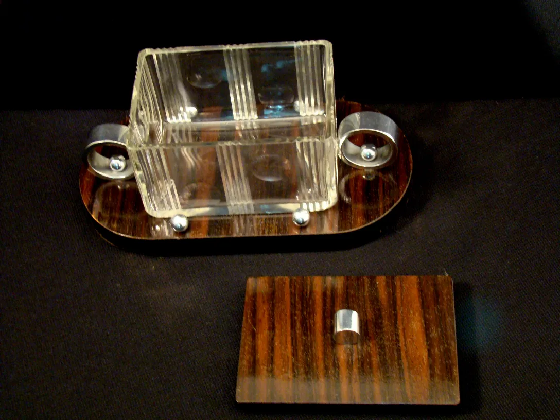 Antique glass box with wooden base and lid.
