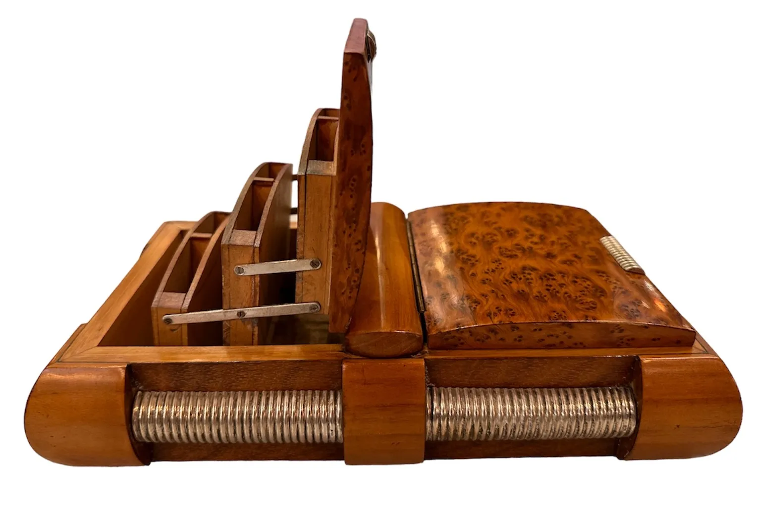 Antique wooden box with open compartments, elegant design.