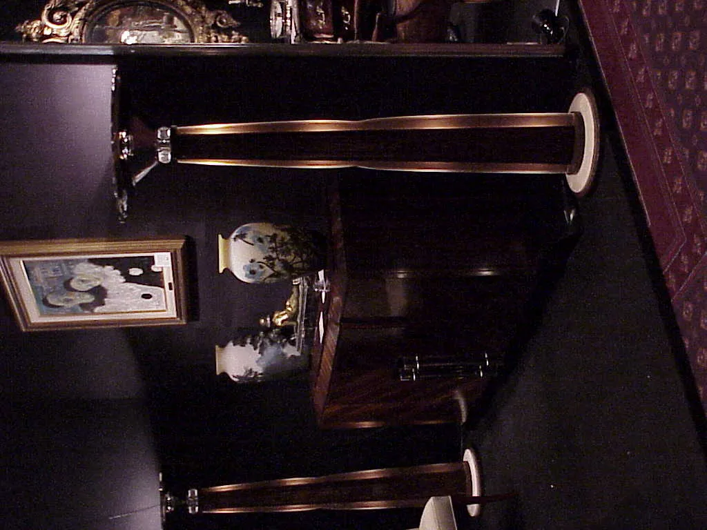 اثنان من المصابيح الأرضية الأنيقة والعتيقة في غرفة بها أشياء زخرفية أخرى.