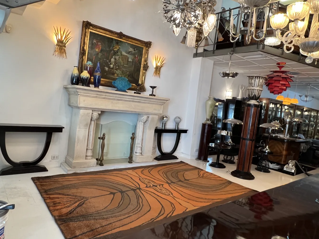 antique carpet with abstract design in brown tones