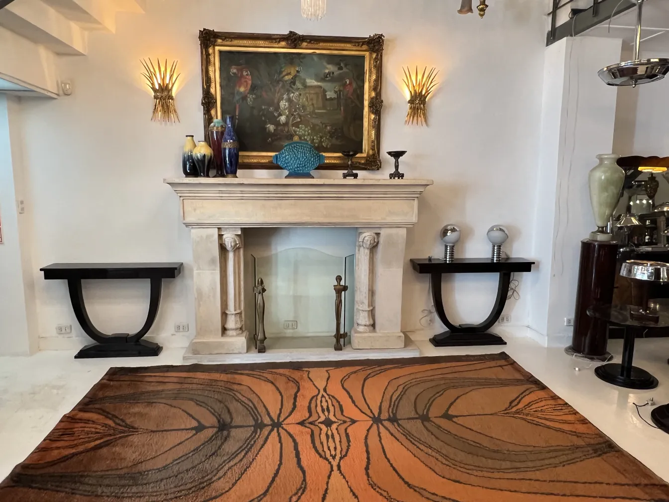 Antique carpet with artistic design in warm colors and fluid shapes, elegant environment.