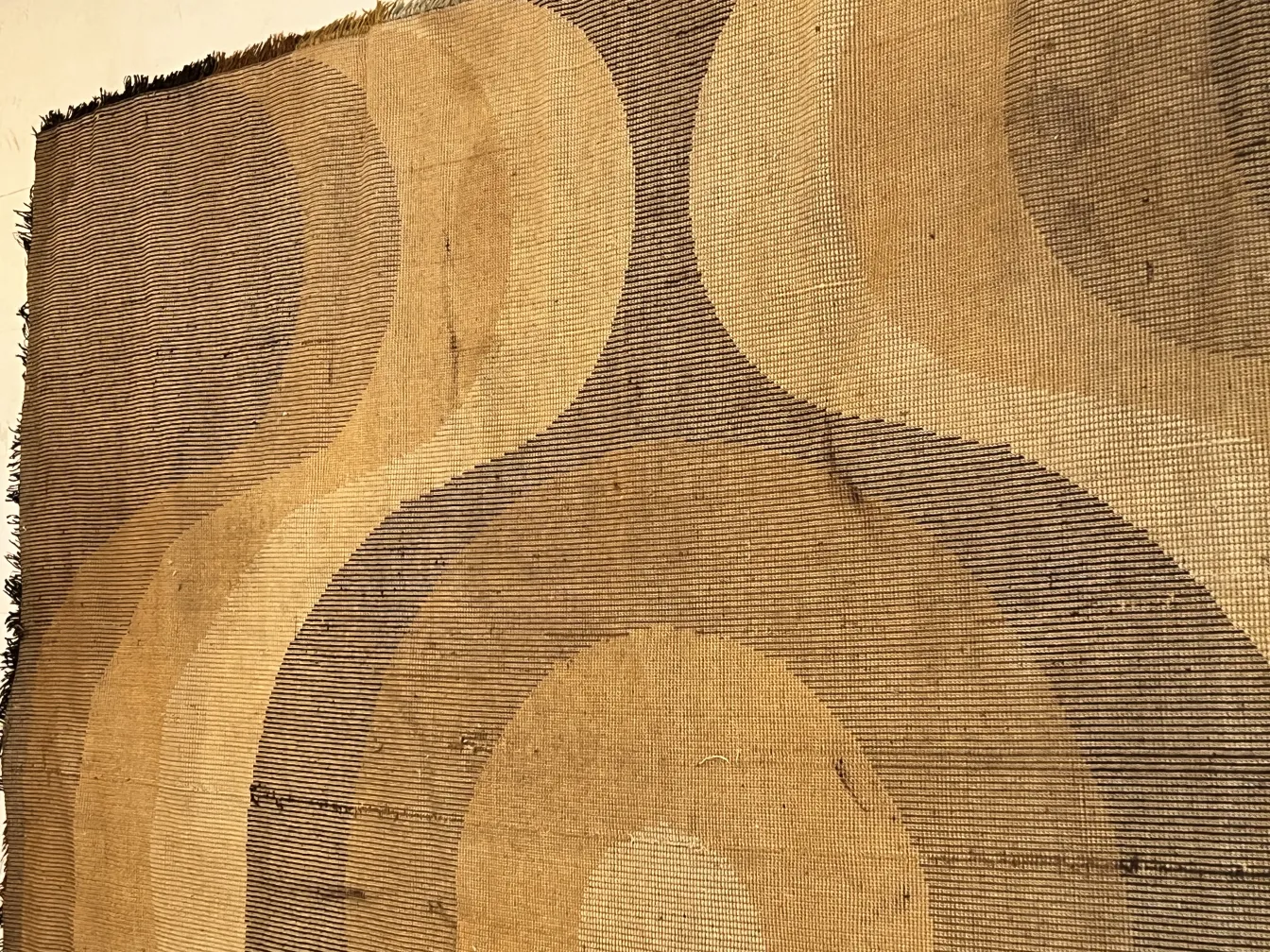 Antique carpet with terracotta hues and wavy patterns, cozy ambiance.