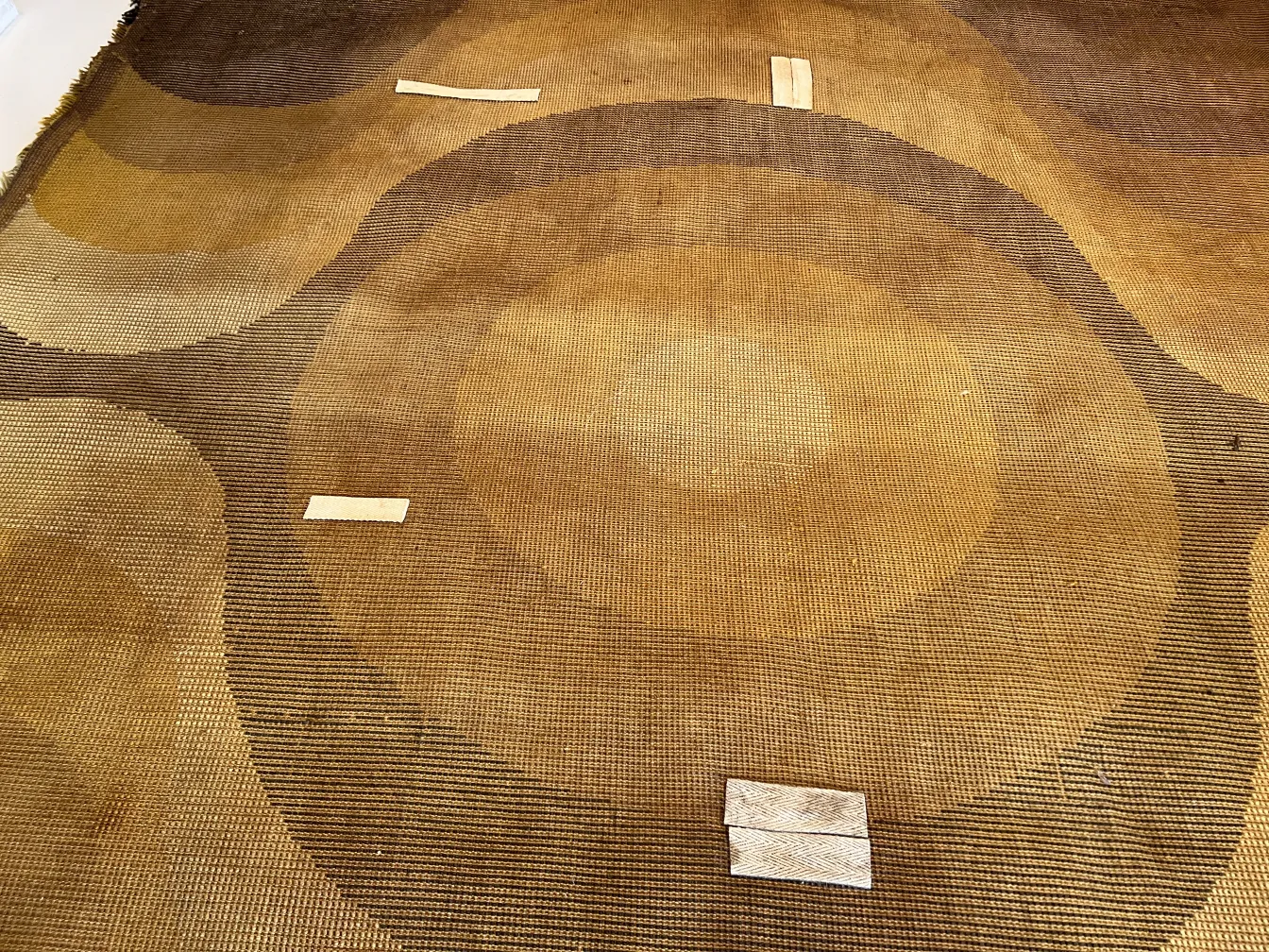 Antiker Teppich mit geometrischem Muster in Brauntönen.