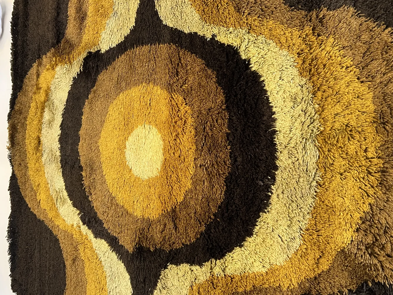 alfombra antigua con diseño geométrico en tonos cálidos y oscuros