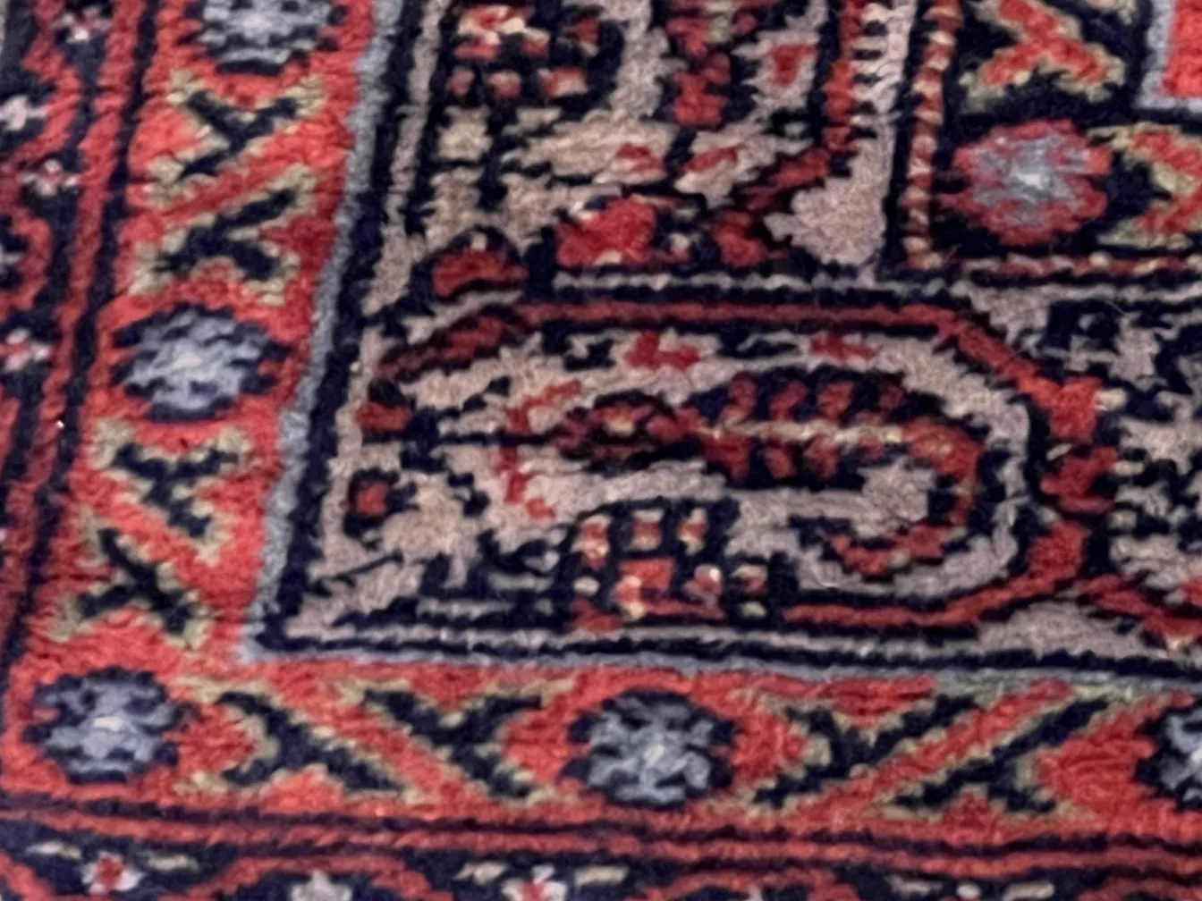 سجادة قديمة بألوان غنية ونقوش تقليدية في بيئة كلاسيكية.