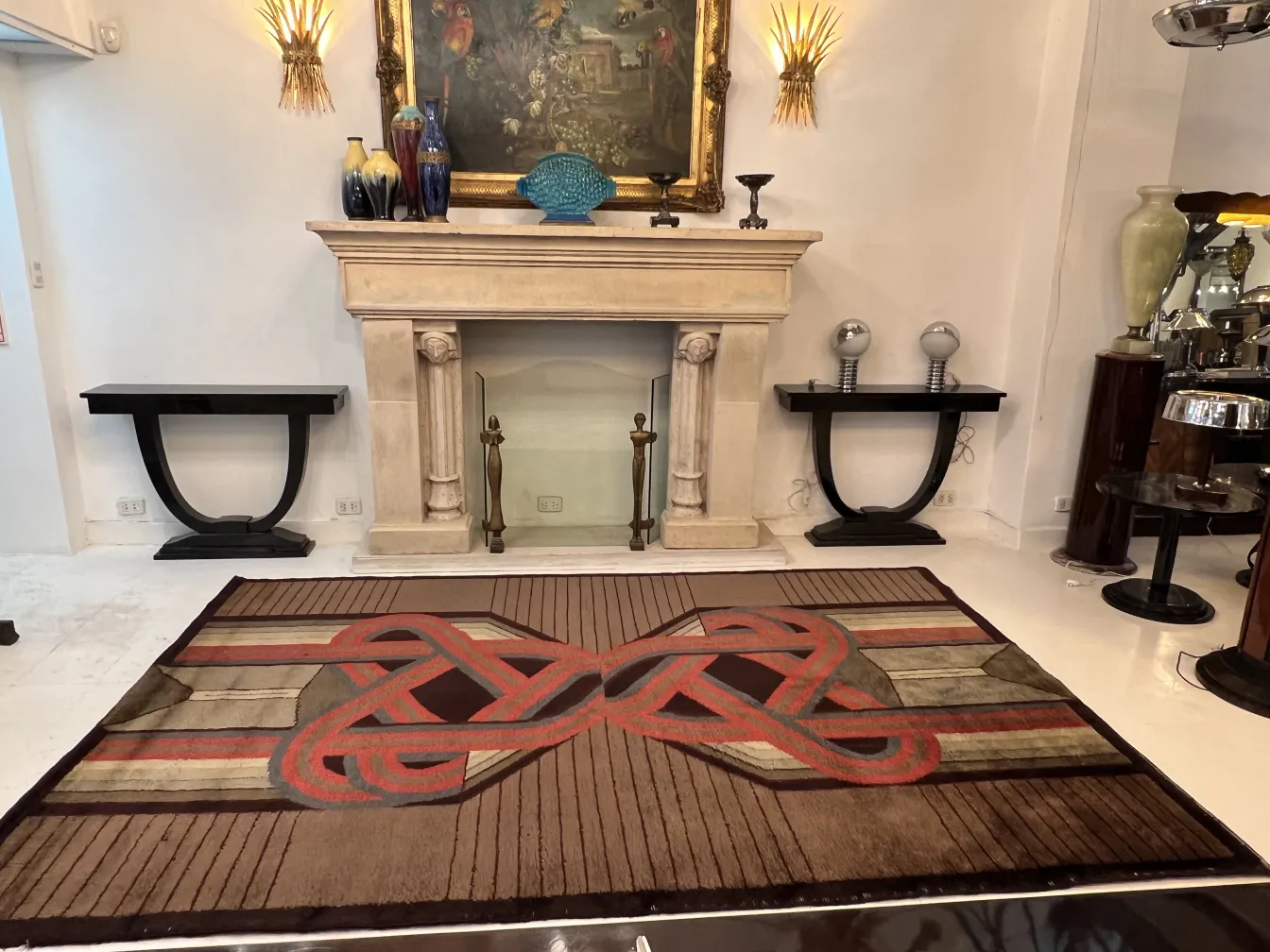 antique carpet with geometric design in a modern setting