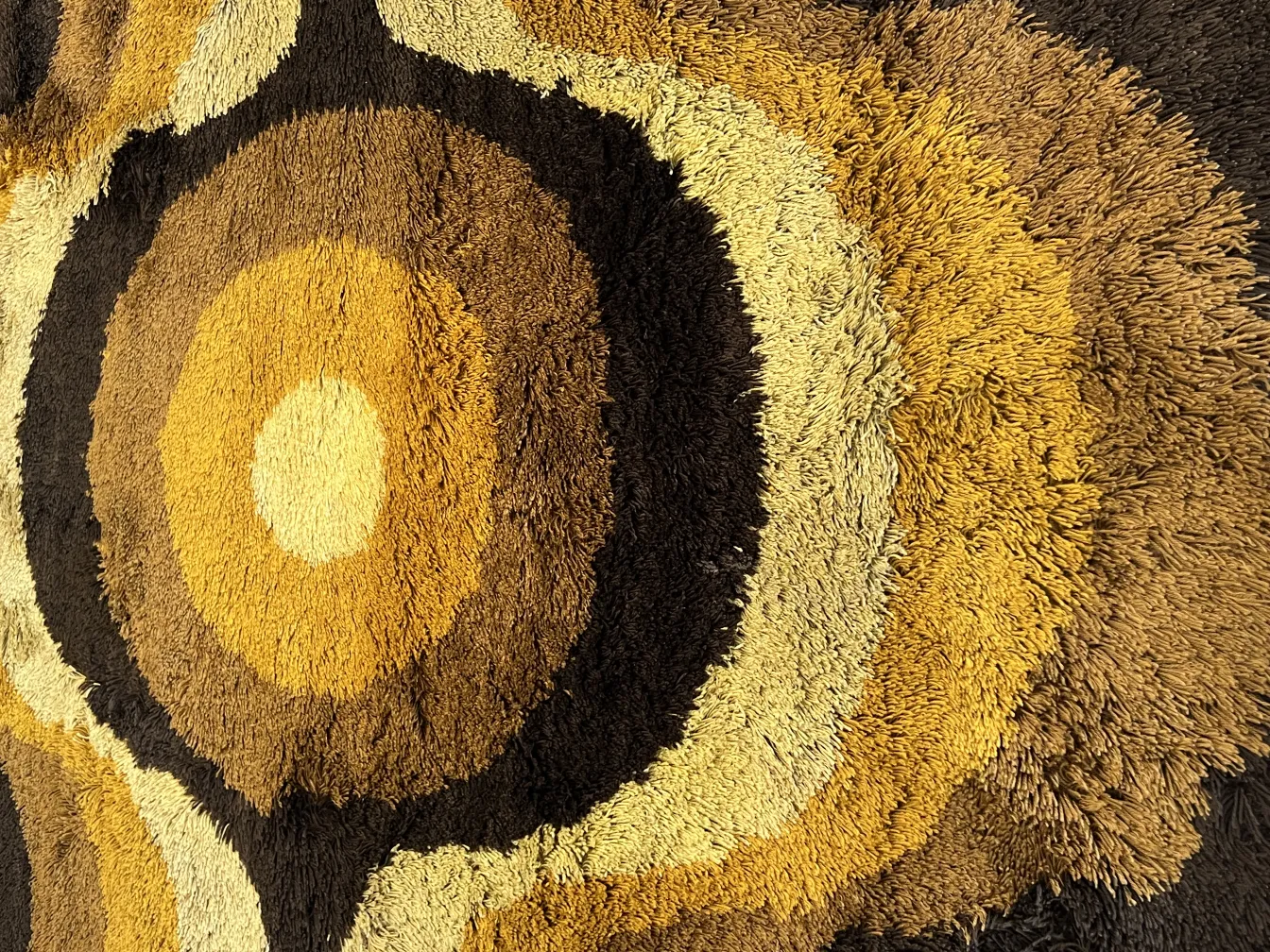 tapete antigo com padrões em tons de marrom e amarelo, em um ambiente aconchegante.