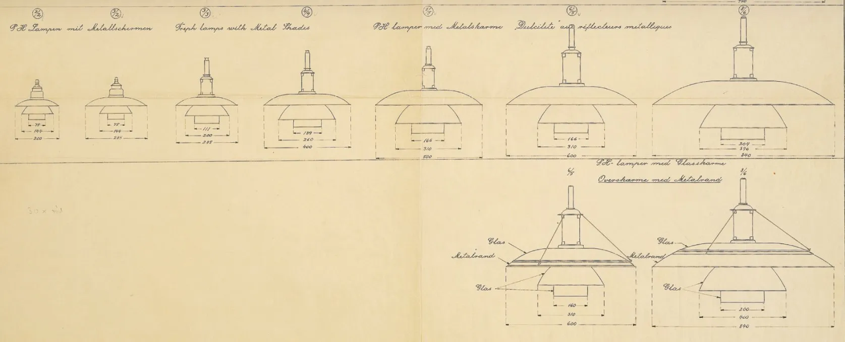technical drawing of 2 antique hanging lamps with details