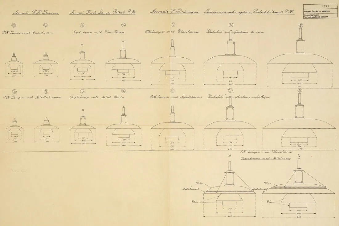 Dessin de 2 lustres anciens en différentes versions avec des détails de conception, Poul Henningsen.