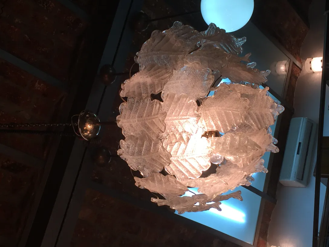 Vue de deux lustres anciens avec design de feuilles dans un environnement moderne