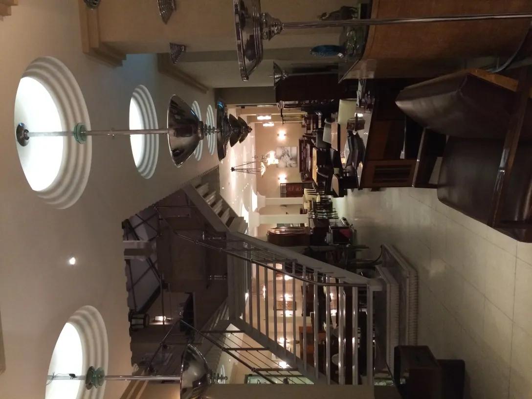 View of two antique hanging lamps in an elegant environment with various furniture.