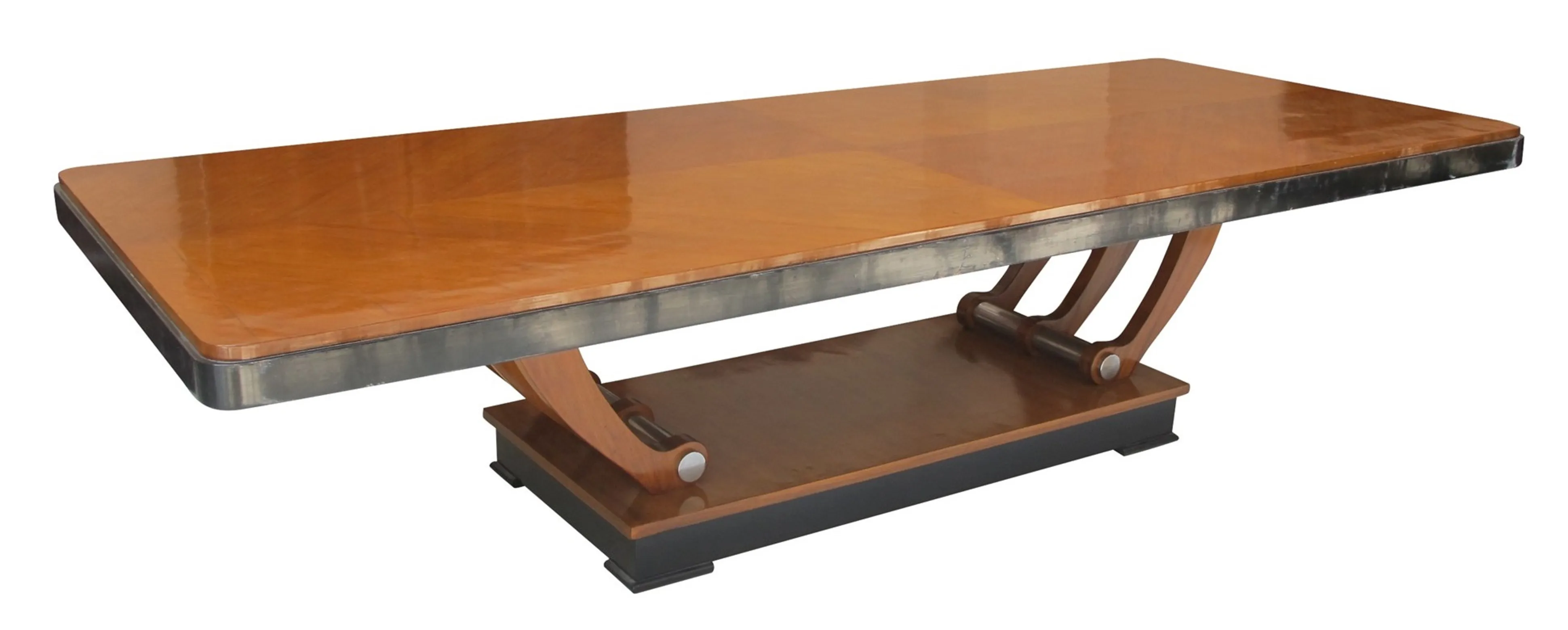 Antique dining table for 12 people, elegant style, wooden finish.