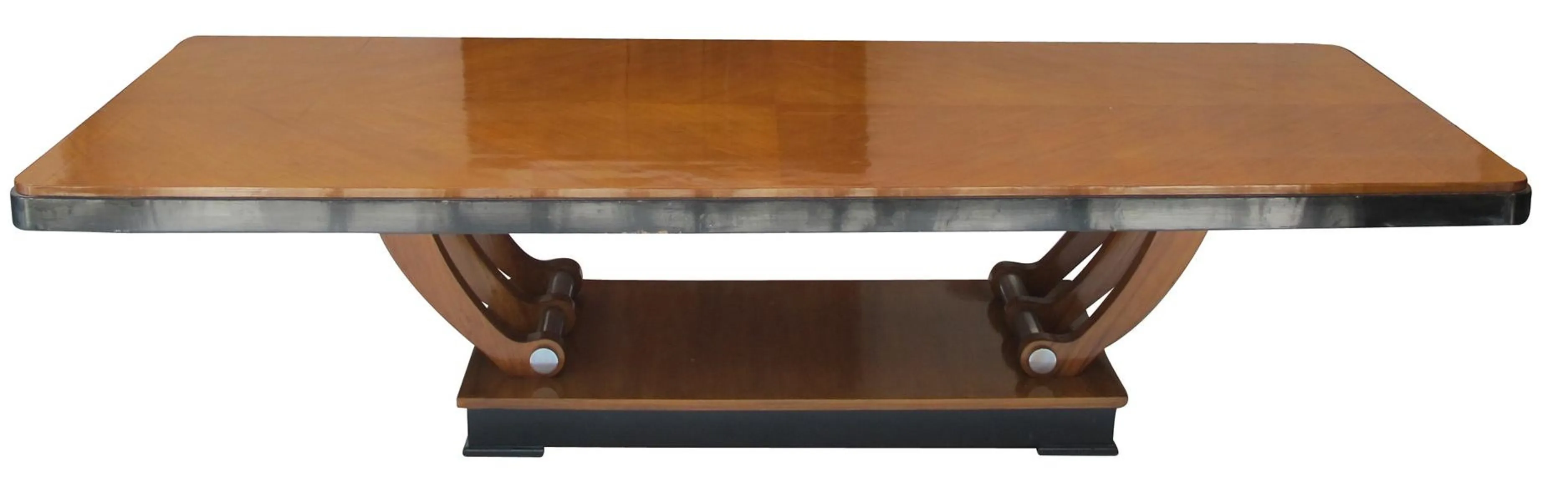 Mesa de jantar antiga de madeira escura para 12 pessoas com base elegante.