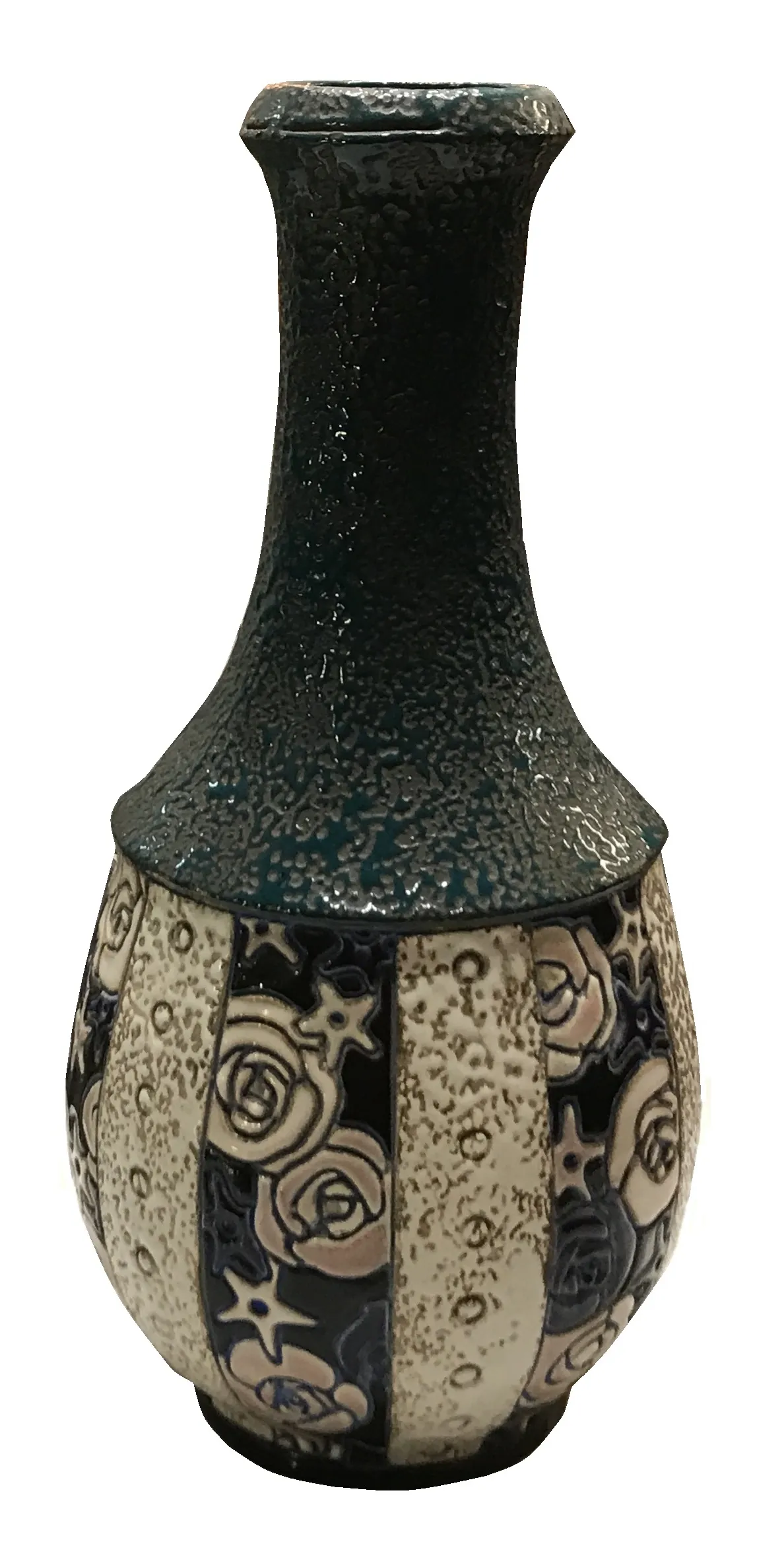 Antique ceramic bottle with vibrant floral patterns.