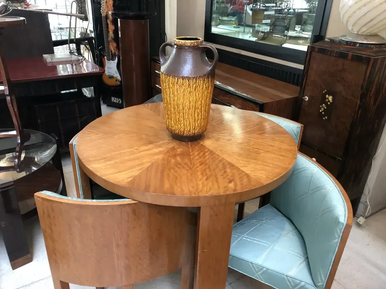 Antique decorative ceramic with yellow texture, modern setting.