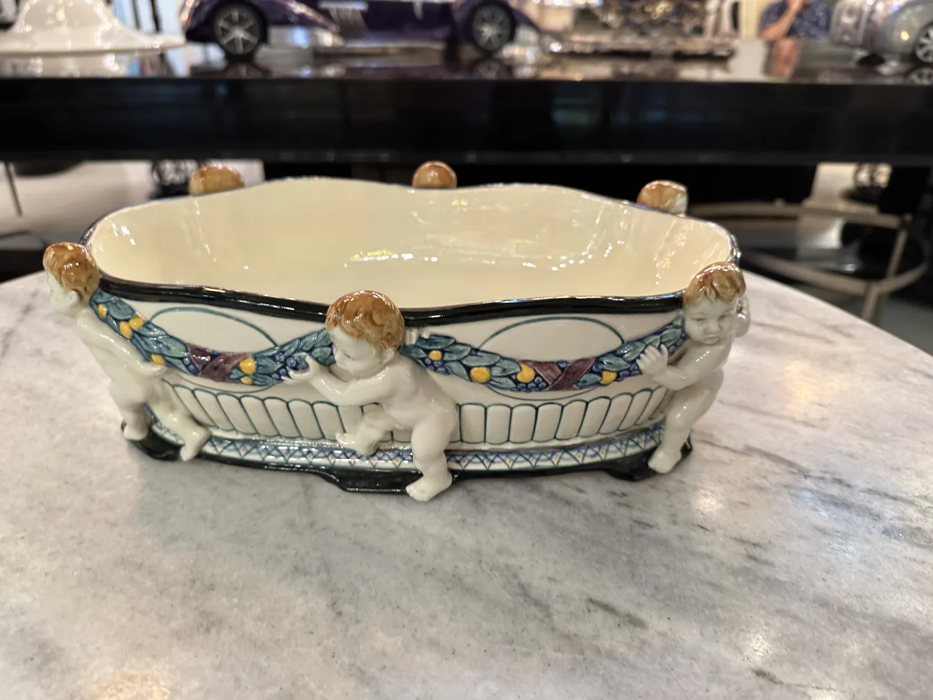 Antique ceramic with child figures on sides, Karlsruher Majolika Manufaktur.