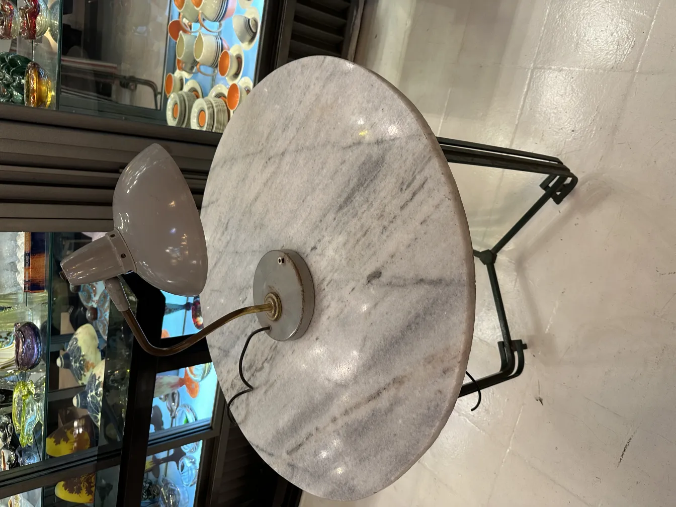 antique table lamp with circular base and round shades, antique context