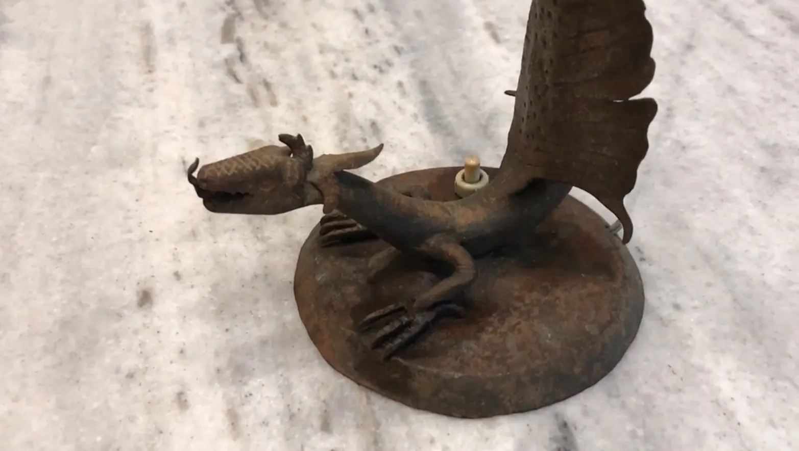 antique table lamp with dragon base, soft light